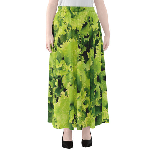 Green Lettuce Salad Print Chiffon Maxi Skirt