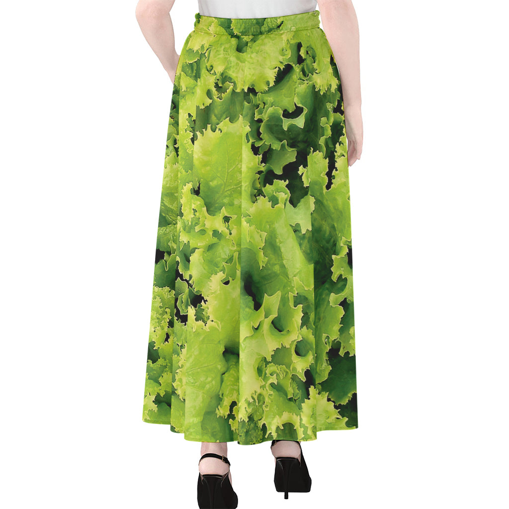 Green Lettuce Salad Print Chiffon Maxi Skirt