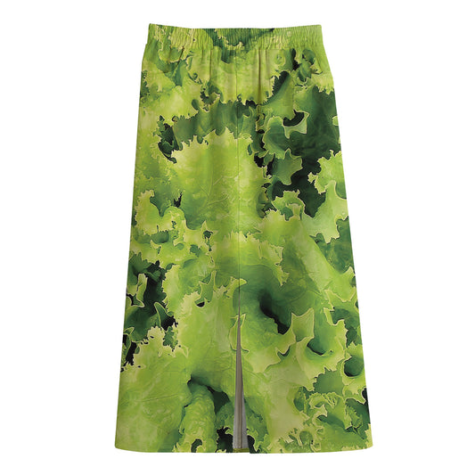 Green Lettuce Salad Print Cotton Front Slit Maxi Skirt