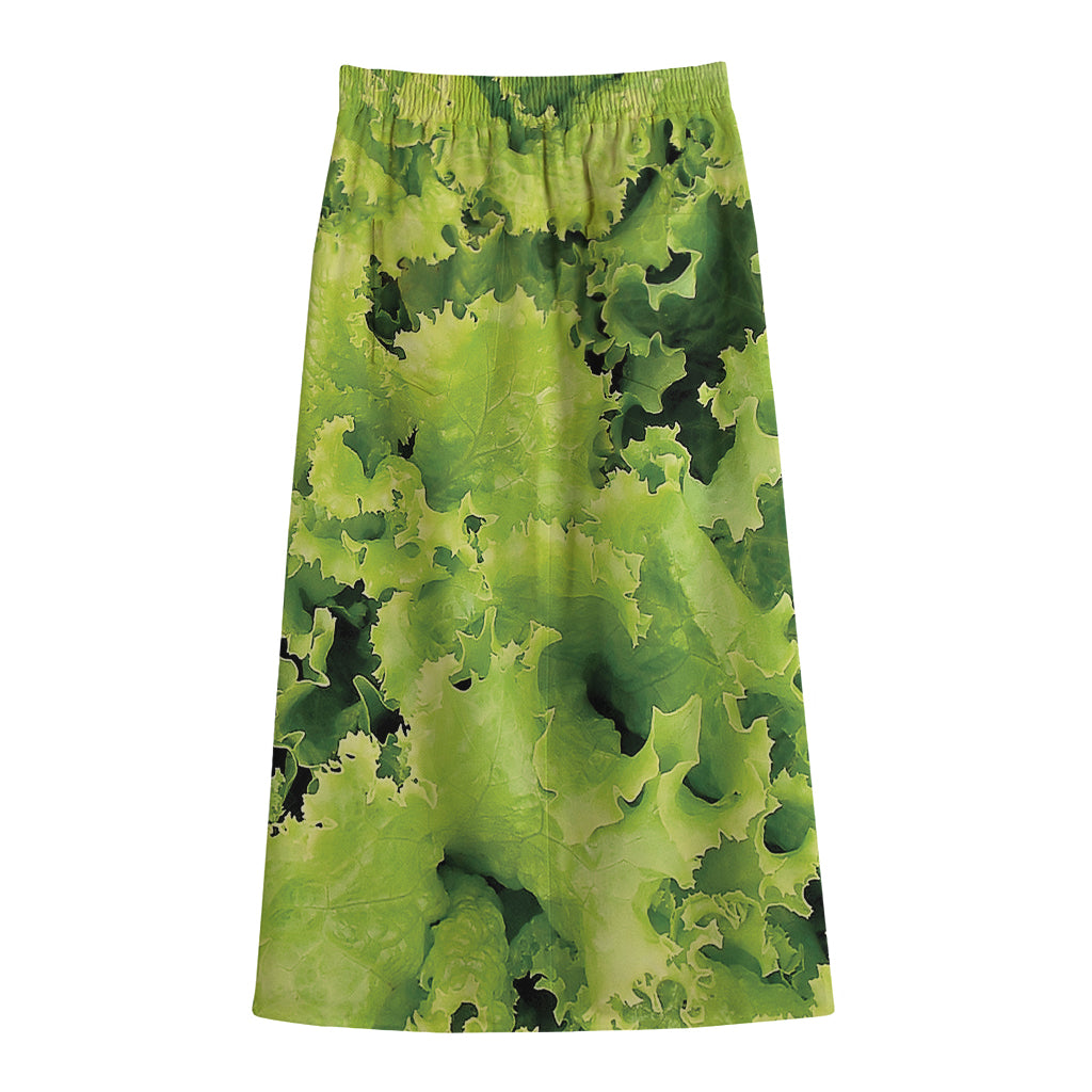 Green Lettuce Salad Print Cotton Front Slit Maxi Skirt