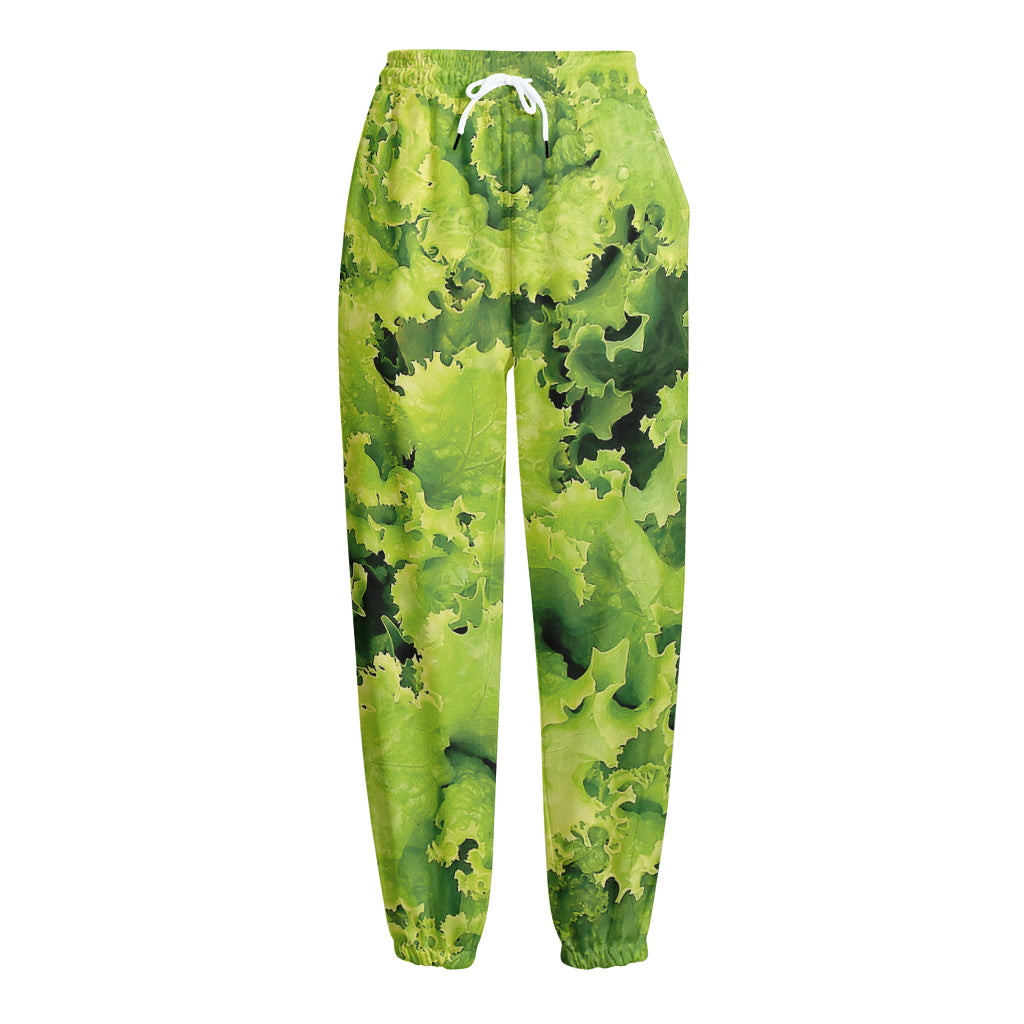 Green Lettuce Salad Print Fleece Lined Knit Pants