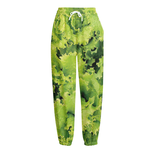 Green Lettuce Salad Print Fleece Lined Knit Pants