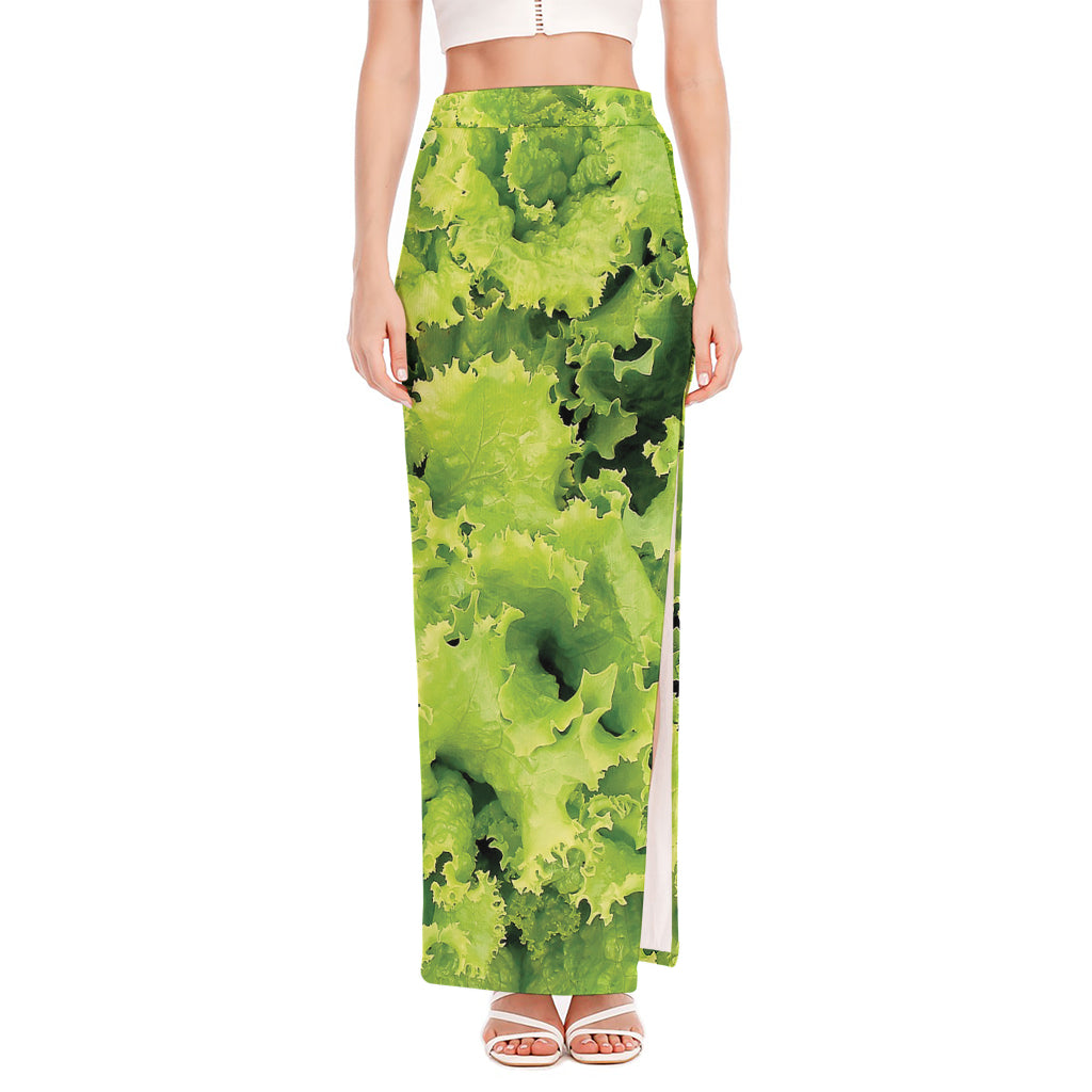 Green Lettuce Salad Print High Slit Maxi Skirt