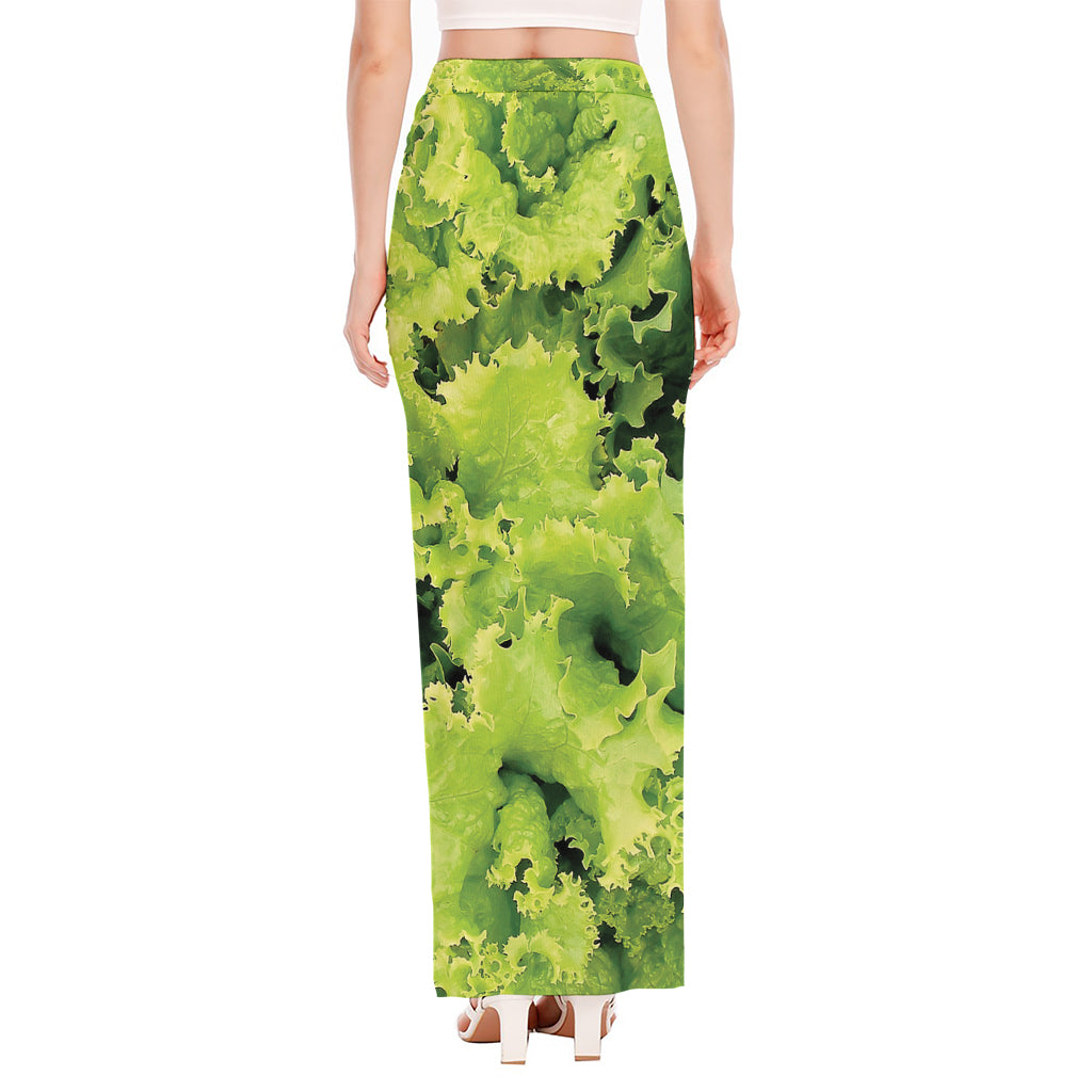 Green Lettuce Salad Print High Slit Maxi Skirt