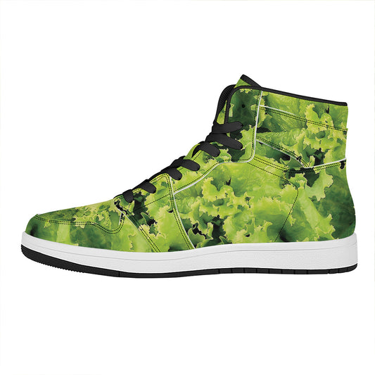 Green Lettuce Salad Print High Top Leather Sneakers