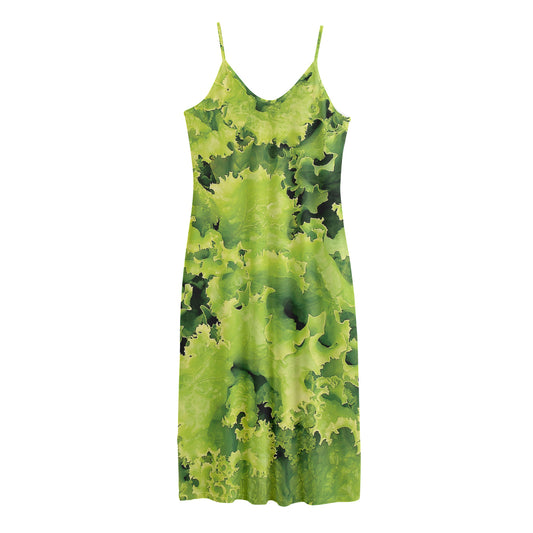 Green Lettuce Salad Print Jersey Midi Cami Dress