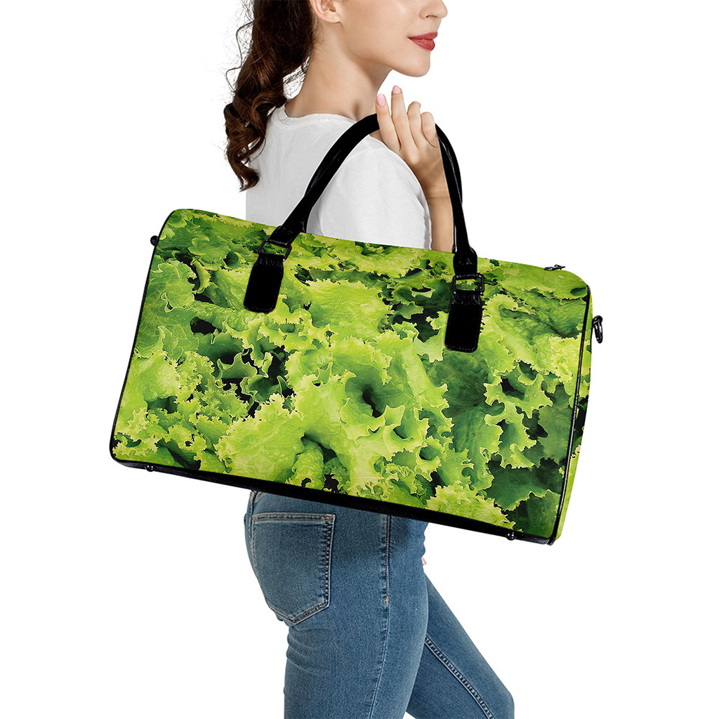 Green Lettuce Salad Print Leather Duffle Bag