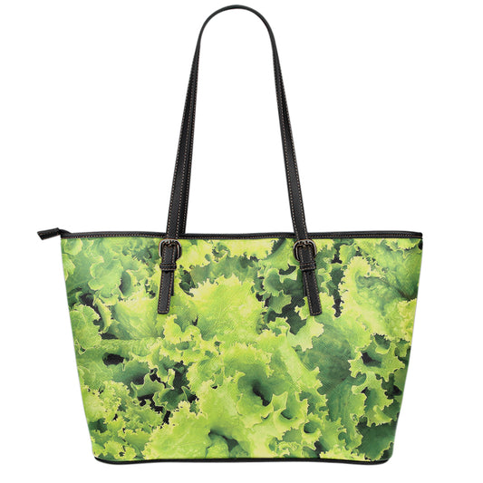 Green Lettuce Salad Print Leather Tote Bag