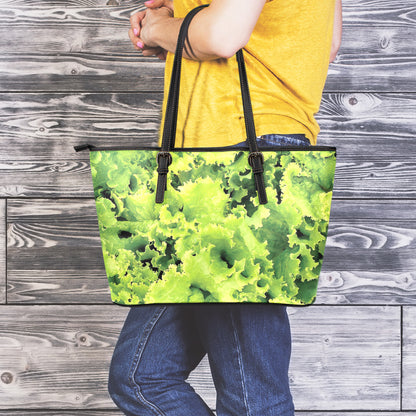Green Lettuce Salad Print Leather Tote Bag
