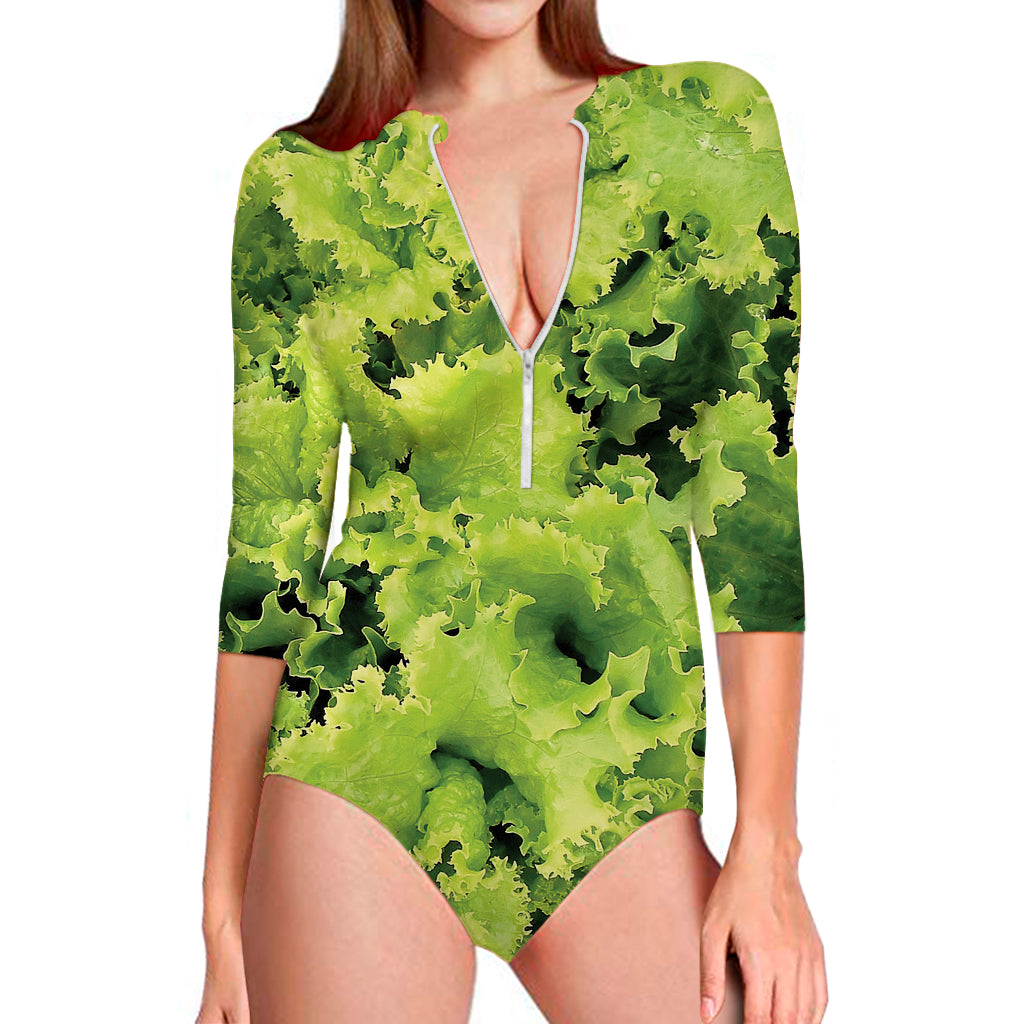 Green Lettuce Salad Print Long Sleeve Swimsuit