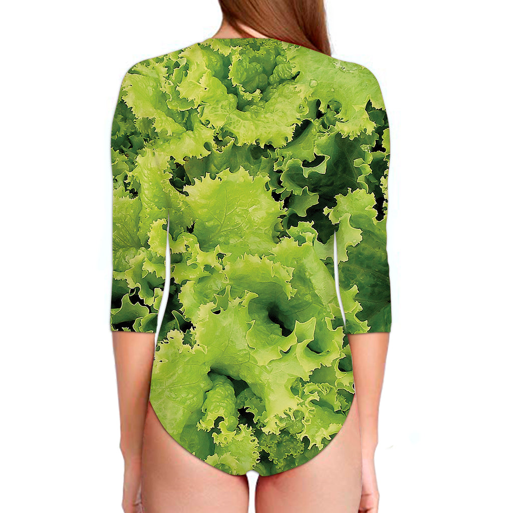 Green Lettuce Salad Print Long Sleeve Swimsuit