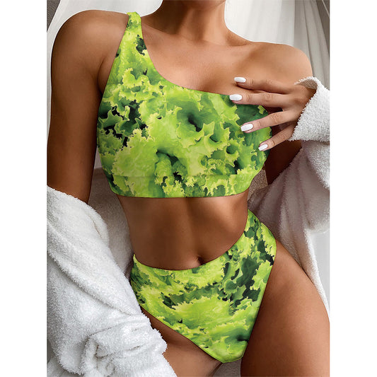 Green Lettuce Salad Print One Shoulder Bikini Top