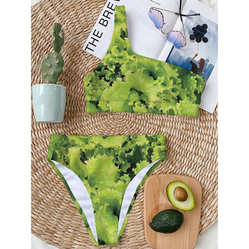 Green Lettuce Salad Print One Shoulder Bikini Top