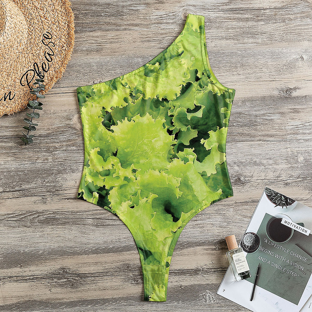 Green Lettuce Salad Print One Shoulder Bodysuit