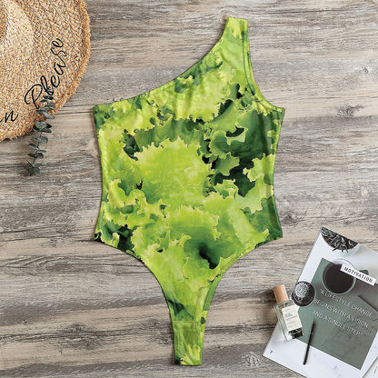 Green Lettuce Salad Print One Shoulder Bodysuit
