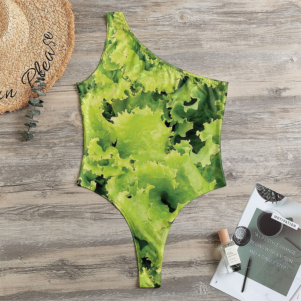 Green Lettuce Salad Print One Shoulder Bodysuit