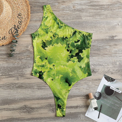 Green Lettuce Salad Print One Shoulder Bodysuit