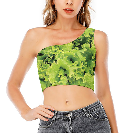Green Lettuce Salad Print One Shoulder Crop Top