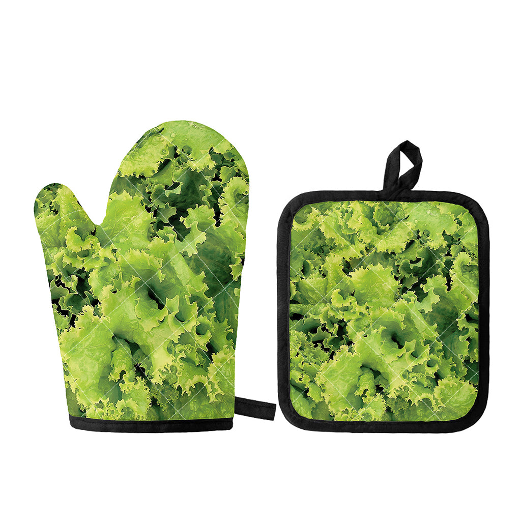 Green Lettuce Salad Print Oven Mitt And Pot Holder Set