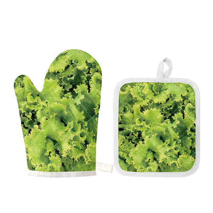Green Lettuce Salad Print Oven Mitt And Pot Holder Set