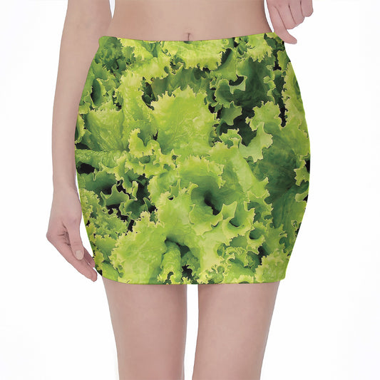 Green Lettuce Salad Print Pencil Mini Skirt