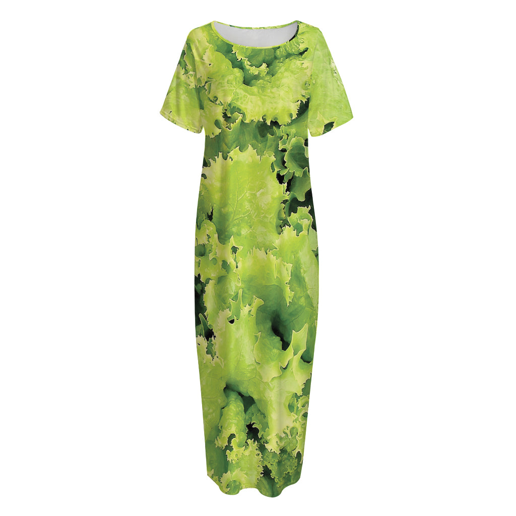 Green Lettuce Salad Print Short Sleeve Long Nightdress