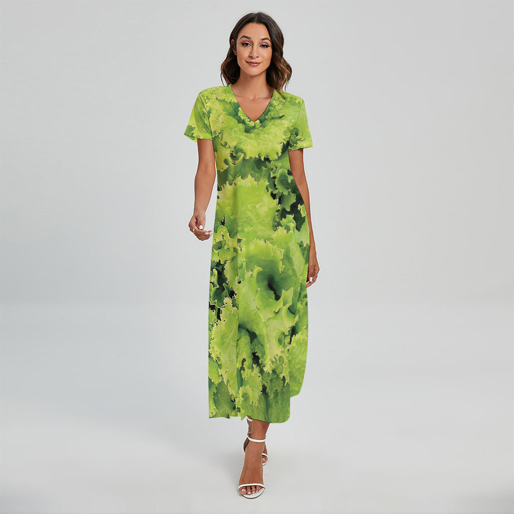 Green Lettuce Salad Print Short Sleeve Maxi Dress