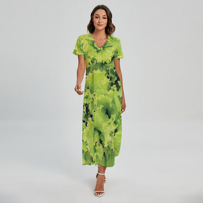 Green Lettuce Salad Print Short Sleeve Maxi Dress