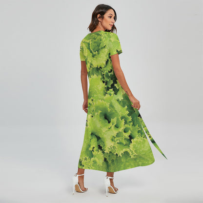 Green Lettuce Salad Print Short Sleeve Maxi Dress