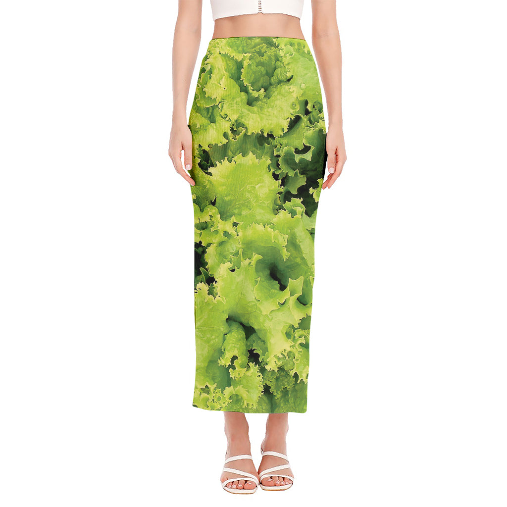 Green Lettuce Salad Print Side Slit Maxi Skirt