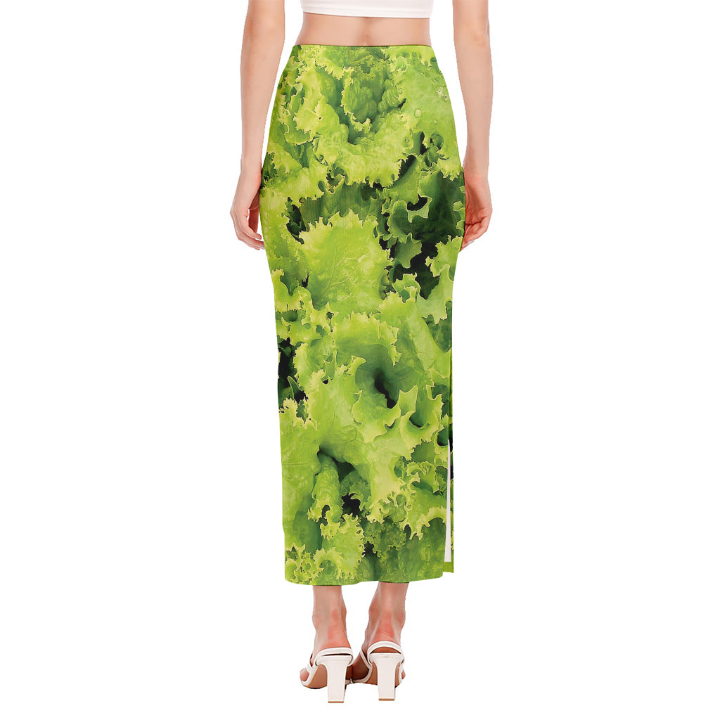 Green Lettuce Salad Print Side Slit Maxi Skirt