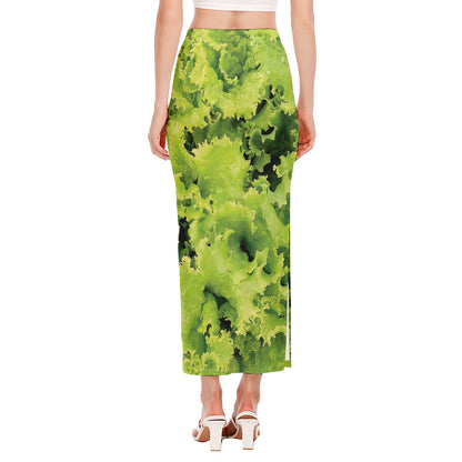 Green Lettuce Salad Print Side Slit Maxi Skirt