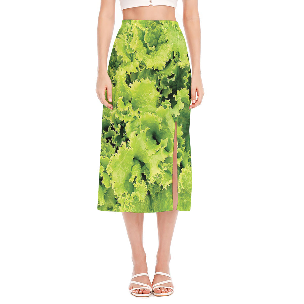 Green Lettuce Salad Print Side Slit Midi Skirt