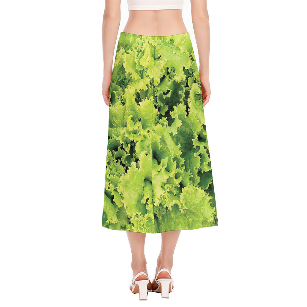 Green Lettuce Salad Print Side Slit Midi Skirt