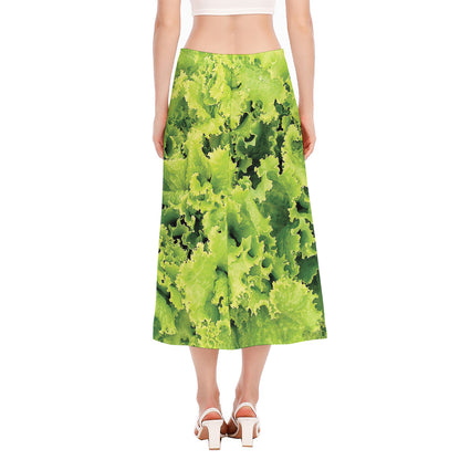 Green Lettuce Salad Print Side Slit Midi Skirt