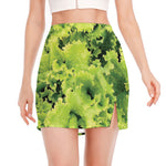 Green Lettuce Salad Print Side Slit Mini Skirt