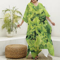 Green Lettuce Salad Print Silk V-Neck Kaftan Dress