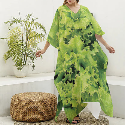 Green Lettuce Salad Print Silk V-Neck Kaftan Dress