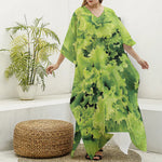 Green Lettuce Salad Print Silk V-Neck Kaftan Dress