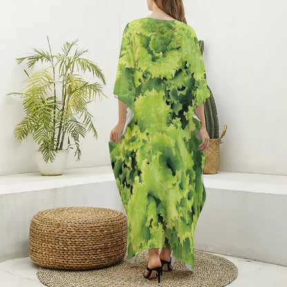 Green Lettuce Salad Print Silk V-Neck Kaftan Dress