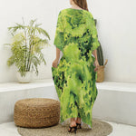 Green Lettuce Salad Print Silk V-Neck Kaftan Dress