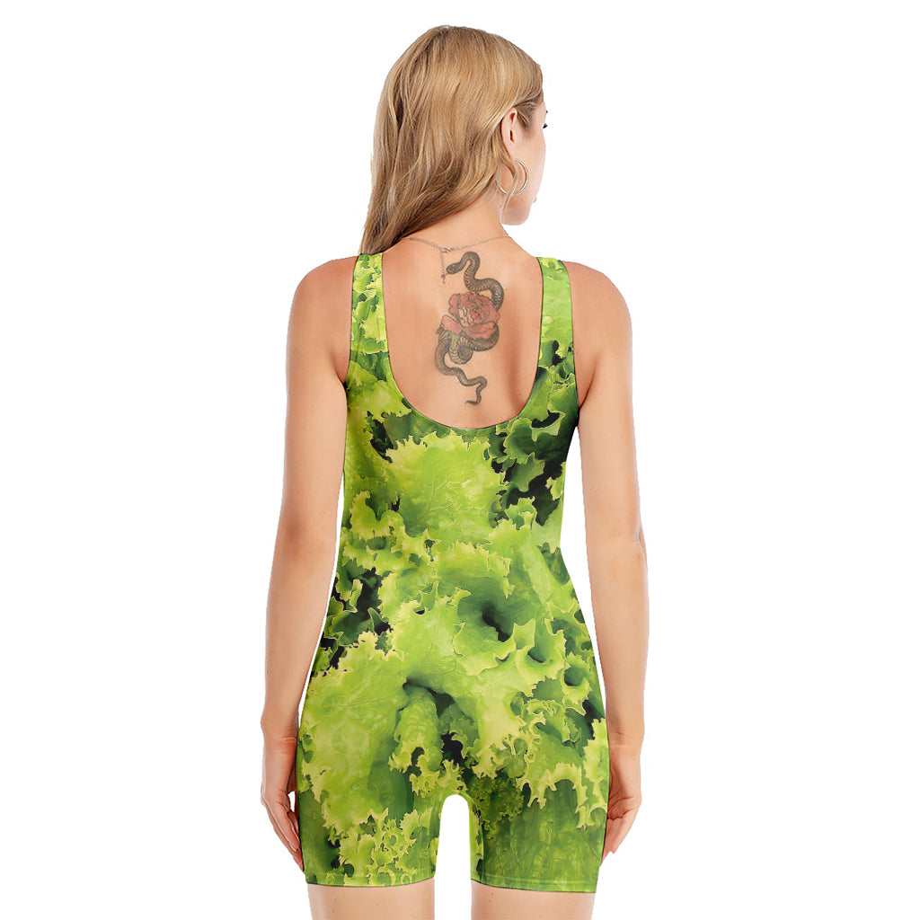Green Lettuce Salad Print Sleeveless One Piece Swimsuit