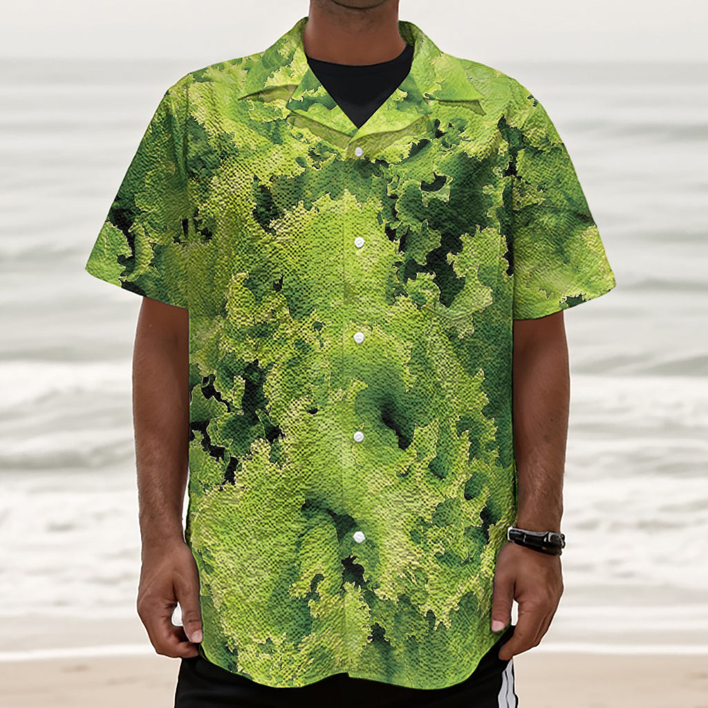 Green Lettuce Salad Print Textured Short Sleeve Shirt