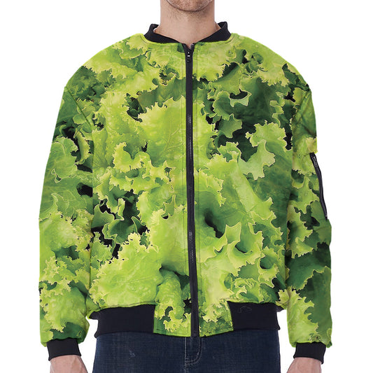 Green Lettuce Salad Print Zip Sleeve Bomber Jacket