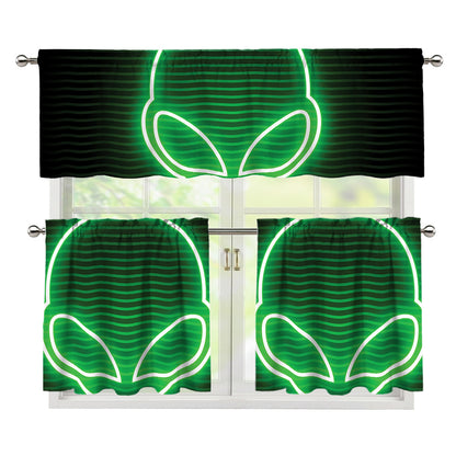 Green Light Alien Print 3 Piece Kitchen Curtains