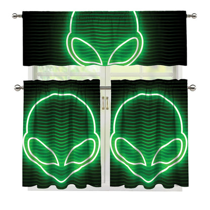 Green Light Alien Print 3 Piece Kitchen Curtains