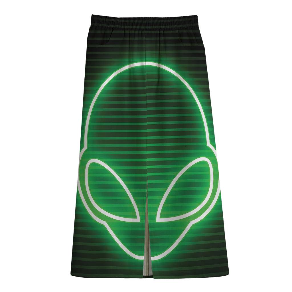 Green Light Alien Print Cotton Front Slit Maxi Skirt