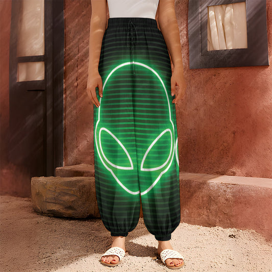 Green Light Alien Print Harem Pants