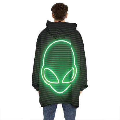 Green Light Alien Print Hoodie Blanket