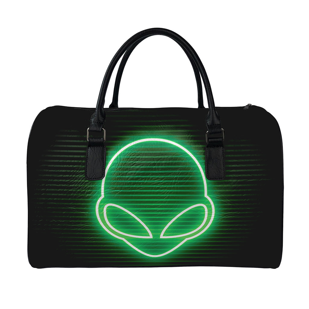 Green Light Alien Print Leather Duffle Bag